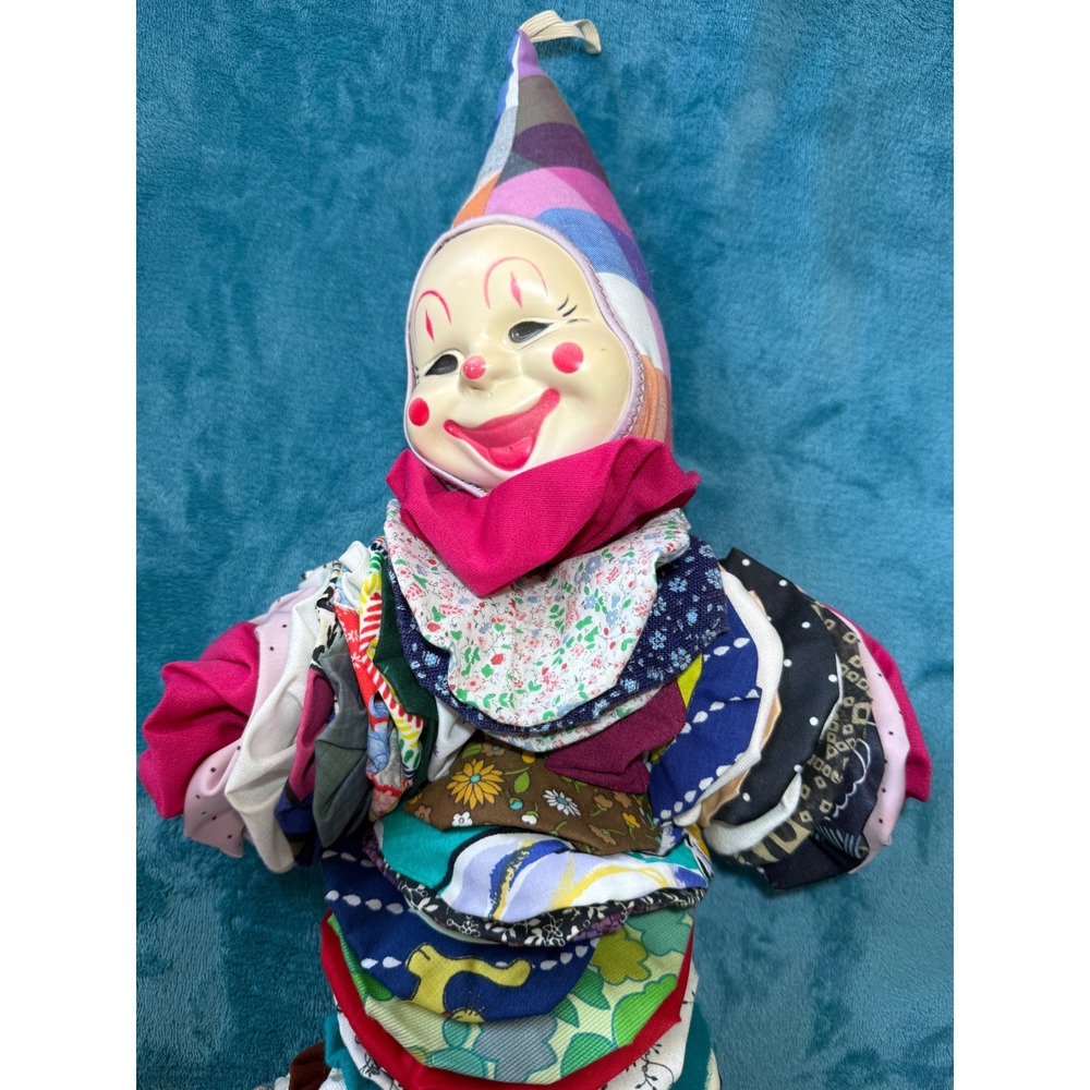 Vintage Handmade Yo-Yo Clown Doll Multicolor Fabric Folk Art Circus Decor 21"